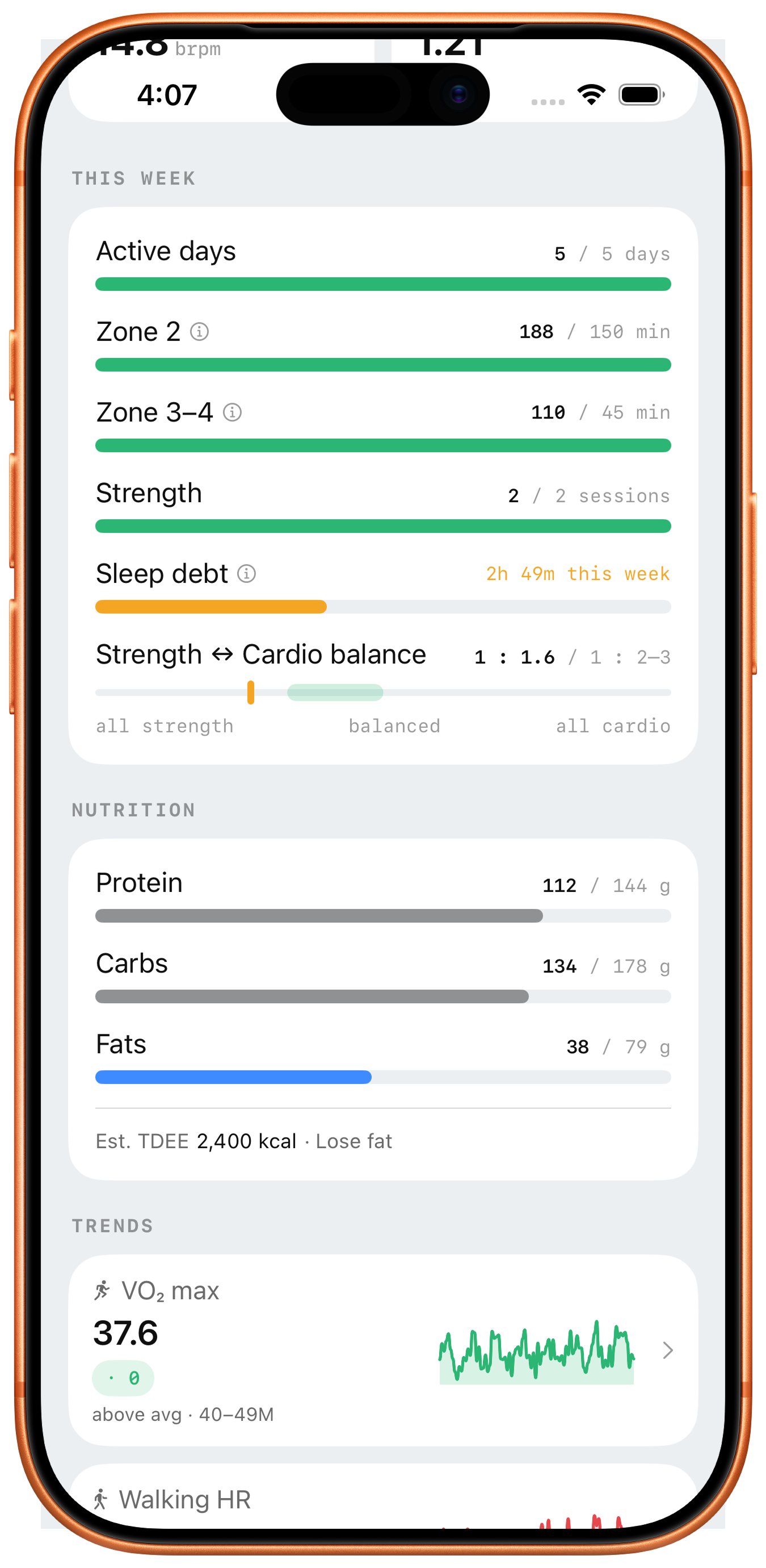 Nutrition section showing protein, carbs, and fats progress bars with targets derived from today's workout type