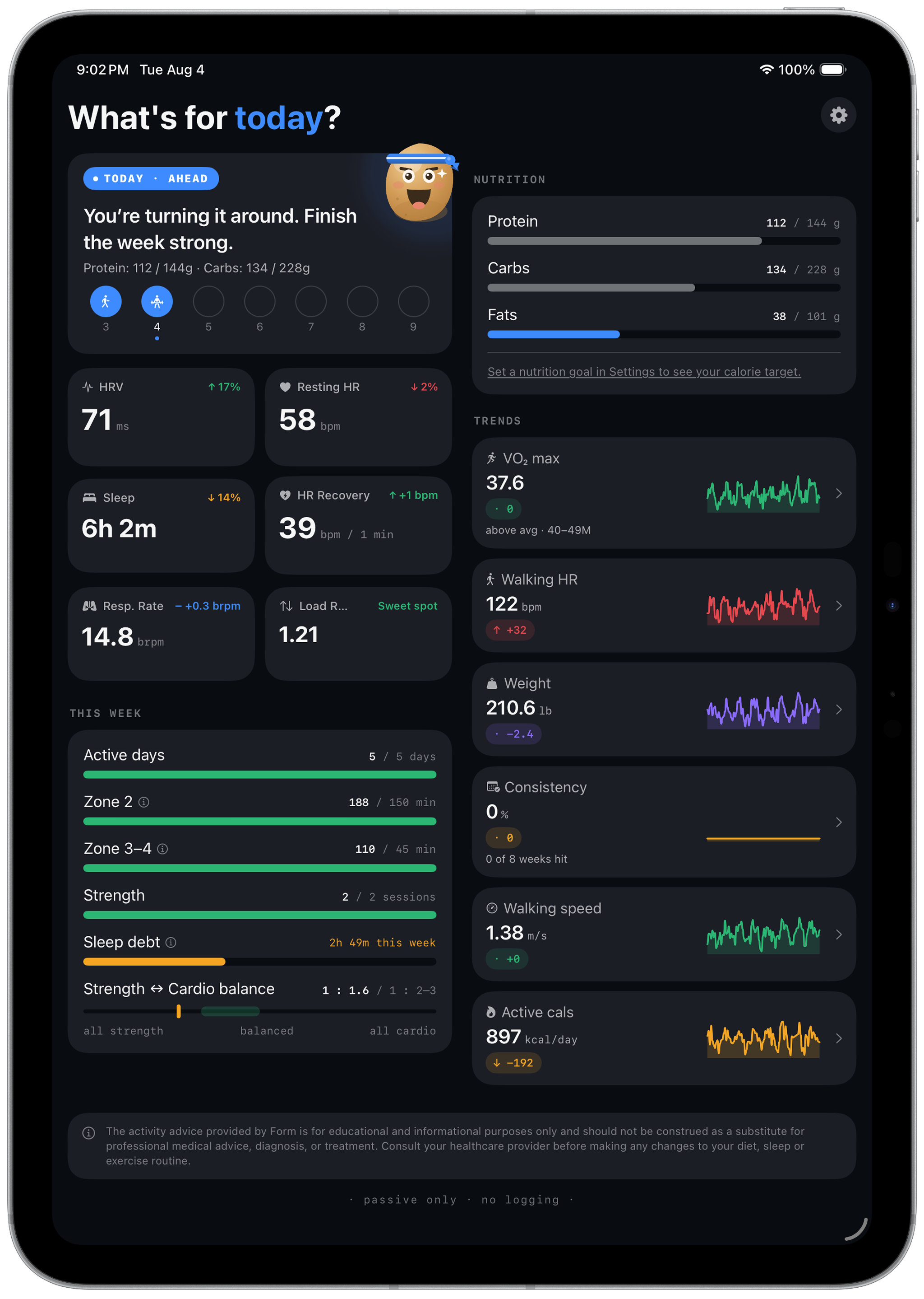 Form on iPad in portrait, showing a two-column dashboard with Today, Readiness, and This Week on the left and Nutrition and Trends on the right